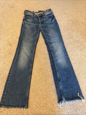 Pilcro Distressed Blue Flare Jeans with Raw Hem
